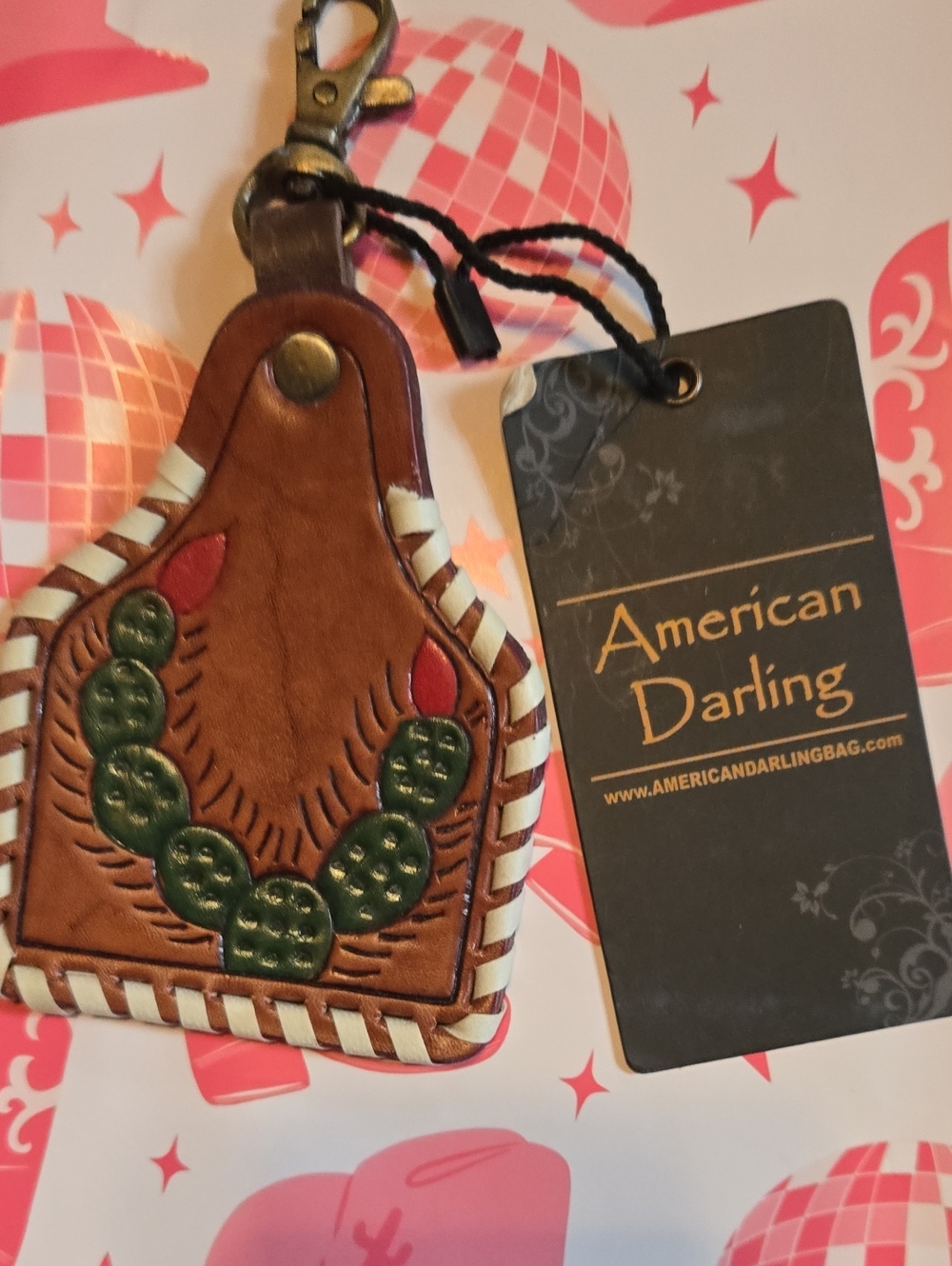 American Darling Brown Leather Cactus Keychain NWT